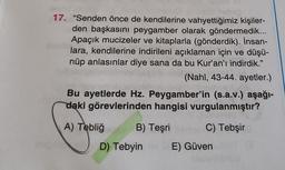 17. "Senden önce de kendilerine vahyettiğimiz kişiler-
den başkasını peygamber olarak göndermedik...
Apaçık mucizeler ve kitaplarla (gönderdik). İnsan-
lara, kendilerine indirileni açıklaman için ve düşü-
nüp anlasınlar diye sana da bu Kur'an'ı indirdik."
(Nahl, 43-44. ayetler.)
Bu ayetlerde Hz. Peygamber'in (s.a.v.) aşağı-
daki görevlerinden hangisi vurgulanmıştır?
A) Tebliğ
B) Teşri
C) Tebşir
inigin D) Tebyin
E) Güven