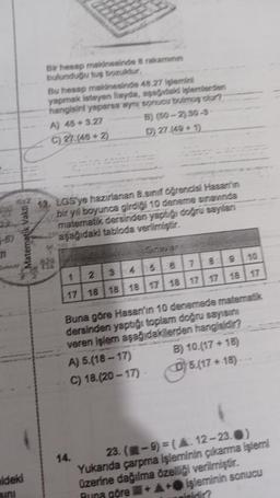 -61
Matematik Vakti
eldeki
Sini
Bir hesap makinesinde 8 rakaminan
bulunduğu tuş bozulur.
Bu hesap makinesinde 48.27 işlemini
yapmak isteyen llayda, asagidaki işlemlerden
hangisini yaparsa ayni sonucu bulmuy olur?
A) 45+3.27
C) 27 (48+2)
13. LGS'ye hazırlanan 8.sınıf öğrencisi Hasanin
bir yıl boyunca girdiği 10 deneme sınavında
matematik dersinden yaptığı doğru sayılan
aşağıdaki tabloda verilmiştir.
Snavar
34 100
192
B) (50-2) 30-3
D) 27 (49+1)
1
2 3
5
7
17 18 18 18 17 18 17 17 18
Buna göre Hasan'ın 10 denemede matematik
dersinden yaptığı toplam doğru sayısını
veren işlem aşağıdakilerden hangisidir?
B) 10.(17+18)
D5.(17+18)
A) 5.(18-17)
C) 18.(20-17) -
14.
10
17
23. (-9)=(A. 12-23.)
Yukarıda çarpma işleminin çıkarma işlemi
üzerine dağılma özelliği verilmiştir.
Runa göre+A+ işleminin sonucu
nisidir?