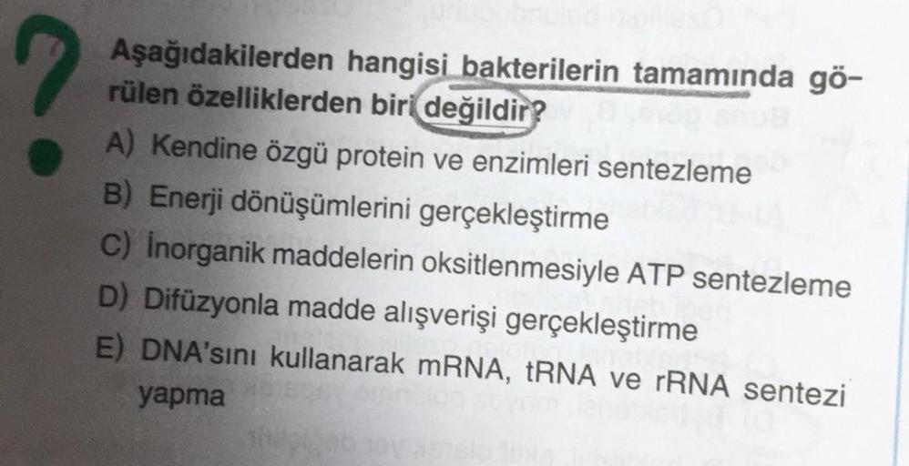 Aşağıdakilerden hangisi bakterilerin tamamında gö-
rülen özelliklerden biri değildir?
A) Kendine özgü protein ve enzimleri sentezleme
B) Enerji dönüşümlerini gerçekleştirme
C) Inorganik maddelerin oksitlenmesiyle ATP sentezleme
D) Difüzyonla madde alışveri