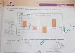 ek
B
Kitapçık Türü
16. Aşağıdaki sütun grafiğinde Murat'ın günlük yüzdüğü sürenin bir önceki güne göre değişimi dakika cinsinden ve-
rilmiştir.
930
05+
CE-
of 09
40 (dk)
30
20
10
0
Süre
-10
-20
-30
Sali
Grafik: Yüzme Süresindeki Değişim (dakika)
Jes
Çarşamba
Perşembe
MATEMATİK
Cuma
Mozaik Yayınları
Günler
Murat, pazartesi günü 40 dakika yüzdüğüne göre 5 günde ortalama kaç dakika yüzmüştür?
A) 72
B) 60
948
D) 36
60
16
Navlış