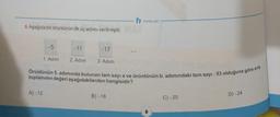 3. Aşağıda bir örüntünün ilk üç adımı verilmiştir.
-5
A)-12
-11
-17
1. Adım 2. Adım 3. Adım
Örüntünün 5. adımında bulunan tam sayı a ve örüntünün b. adımındaki tam sayı -53 olduğuna göre a+b
toplamının değeri aşağıdakilerden hangisidir?
f YAYINLARI
B)-18
C) -20
D) -24