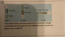 11.
14 cmHg
>X gazi
X gazi
16 cmHg
X gazı 9 cmHg
III. tüp
1. tüp
II. tüp
Yukarıdaki tüpler açık hava basıncının 1 atmosfer olduğu
ortamdadırlar. Buna göre her bir tüpte bulunan X gazlarının
basıncı kaç cmHg'dır?