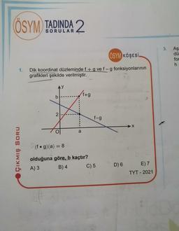 11
ÖSYM TADINDA 2
ÖSYM KÖŞESİ.
1. Dik koordinat düzleminde f + g ve f - g fonksiyonlarının
grafikleri şekilde verilmiştir.
ÇIKMIŞ SORU
AY
b
2
+
/f+g
a
(fog)(a) = 8
olduğuna göre, b kaçtır?
A) 3
B) 4
f-g
C) 5
D) 6
-X
E) 7
TYT - 2021
3. Aş
dü
for
h