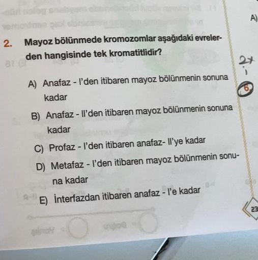 2. Mayoz bölünmede kromozomlar aşağıdaki evreler-
den hangisinde tek kromatitlidir?
are
A) Anafaz-l'den itibaren mayoz bölünmenin sonuna
kadar
B) Anafaz-ll'den itibaren mayoz bölünmenin sonuna
kadar
2x
C) Profaz-l'den itibaren anafaz-ll'ye kadar
D) Metafaz