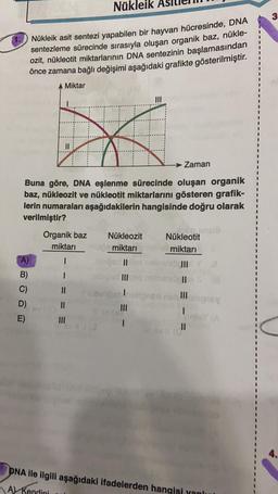 Nükleik
1. Nükleik asit sentezi yapabilen bir hayvan hücresinde, DNA
sentezleme sürecinde sırasıyla oluşan organik baz, nükle-
ozit, nükleotit miktarlarının DNA sentezinin başlamasından
önce zamana bağlı değişimi aşağıdaki grafikte gösterilmiştir.
A Miktar
A
Zaman
Buna göre, DNA eşlenme sürecinde oluşan organik
baz, nükleozit ve nükleotit miktarlarını gösteren grafik-
lerin numaraları aşağıdakilerin hangisinde doğru olarak
verilmiştir?
A)
B)
C)
D)
E)
Organik baz
miktarı
1
1
||
|||
Tub
|||
Nükleozit
miktarı
||
III
Nükleotit
miktarı
I
||
DNA ile ilgili aşağıdaki ifadelerden hangisi y
A) Kendini
3