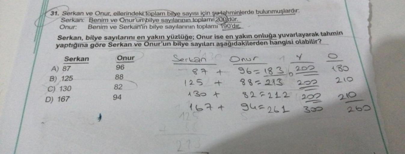 31. Serkan ve Onur, ellerindeki toplam bilye sayısı için şu tahminlerde bulunmuşlardır:
Serkan: Benim ve Onur'un bilye sayılarının toplamı 200 dür.
Onur: Benim ve Serkan'ın bilye sayılarının toplamı 190'dir.
Serkan, bilye sayılarını en yakın yüzlüğe; Onur