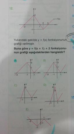 12.
T
72
-2
C)
Yukarıdaki şekilde y = f(x) fonksiyonunun
grafiği verilmiştir.
Buna göre y = f(x + 1) + 2 fonksiyonu-
nun grafiği aşağıdakilerden hangisidir?
-1
-1
E)
3
1
2
-3
1
2 3
-1
-1
B)
.y = f(x)
-3 -1
D)
F
3
AY
3
1
1
1
A
C
D
E
15