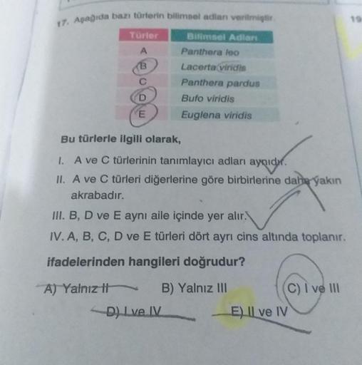 17. Aşağıda bazı türlerin bilimsel adlan verilmiştir
Türler
A
D
E
Bilimsel Adları
Panthera leo
Lacerta viridis
Panthera pardus
Bufo viridis
Euglena viridis
Bu türlerle ilgili olarak,
1. A ve C türlerinin tanımlayıcı adları aynıdır.
II. A ve C türleri diğer