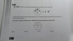 20.
O, A, ve
birer tam sayıdır. Aşağıdaki şekle karşılık gelen işlem verilmiştir.
Bu şekle karşılık gelen işlemden elde edilen sonucun toplama işlemine göre tersi alınarak bir şifre
oluşturulmak isteniyor.
Buna göre aşağıdaki şekilde verilen değerleri kullanarak oluşturulan şifre kaçtır?
A) 33
B) 31
-2
5
17
-1
C) -31
D) -33