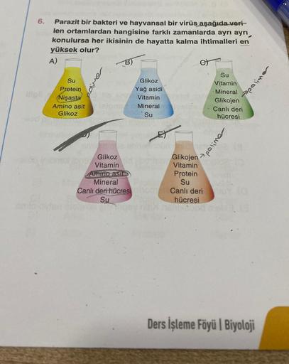 6.
#light
371
Parazit bir bakteri ve hayvansal bir virüs aşağıda veri-
len ortamlardan hangisine farklı zamanlarda ayrı ayrı
konulursa her ikisinin de hayatta kalma ihtimalleri en
yüksek olur?
A)
Su
Protein
Nişasta
Amino asit
Glikoz
Glikoz
Vitamin
B)
Amino