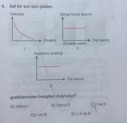 6. Saf bir sıvı için çizilen;
Viskozite
Sıcaklık
Kaynama sıcaklığı
Denge buhar basıncı
|||
D) I ve III
(Sıcaklık sabit)
||
Dış basınç
grafiklerinden hangileri doğrudur?
A) Yalnız I
B) Yalnız II
E) I, II ve III
Dış basınç
C) I ve Il