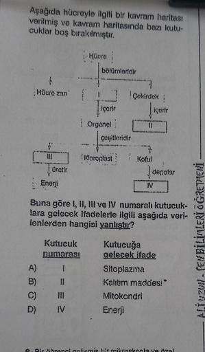 Aşağıda hücreyle ilgili bir kavram haritası
verilmiş ve kavram haritasında bazı kutu-
cuklar boş bırakılmıştır.
Hücre zan
{}}
Enerji
Hüora i
********
Kutucuk
numarası
1
A)
B)
C)
D) INV
bölümleridir
içerir
Organel
çeşitleridir
Kloroplast
Çekirdek
Koful
içer