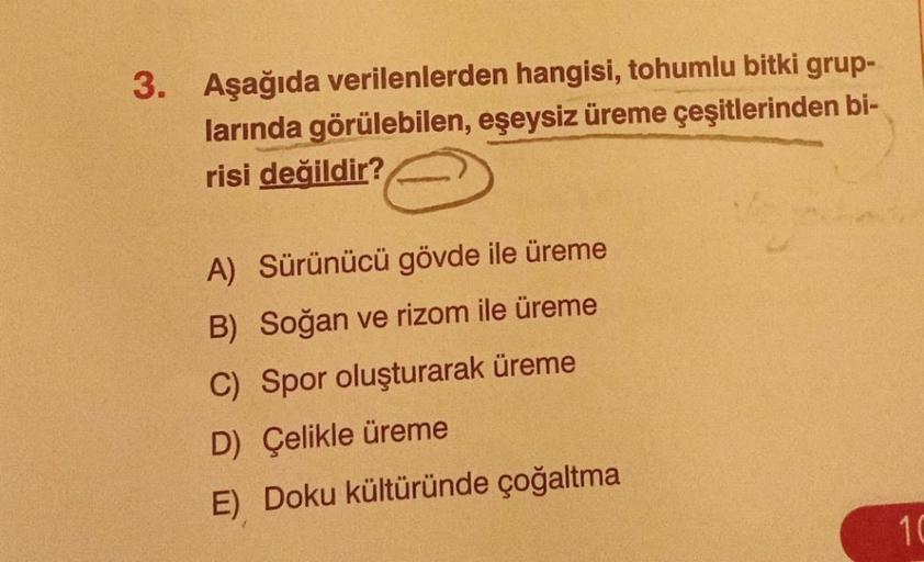 3. Aşağıda verilenlerden hangisi, tohumlu bitki grup-
larında görülebilen, eşeysiz üreme çeşitlerinden bi-
risi değildir?
A) Sürünücü gövde ile üreme
B) Soğan ve rizom ile üreme
C) Spor oluşturarak üreme
D) Çelikle üreme
E) Doku kültüründe çoğaltma
10