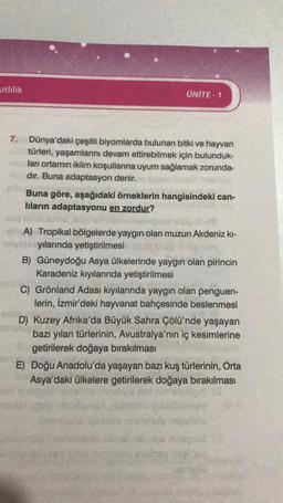 şitlilik
7.
ÜNİTE - 1
Dünya'daki çeşitli biyomlarda bulunan bitki ve hayvan
türleri, yaşamlarını devam ettirebilmek için bulunduk-
ları ortamın iklim koşullarına uyum sağlamak zorunda-
dır. Buna adaptasyon denir.
Buna göre, aşağıdaki örneklerin hangisindeki can-
lıların adaptasyonu en zordur?
08
A) Tropikal bölgelerde yaygın olan muzun Akdeniz kı-
noyable yılarında yetiştirilmesi
B) Güneydoğu Asya ülkelerinde yaygın olan pirincin
Karadeniz kıyılarında yetiştirilmesi
C) Grönland Adası kıyılarında yaygın olan penguen-
lerin, İzmir'deki hayvanat bahçesinde beslenmesi
D) Kuzey Afrika'da Büyük Sahra Çölü'nde yaşayan
bazı yılan türlerinin, Avustralya'nın iç kesimlerine
getirilerek doğaya bırakılması
E) Doğu Anadolu'da yaşayan bazı kuş türlerinin, Orta
Asya'daki ülkelere getirilerek doğaya bırakılması