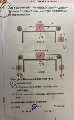 ALME
YINEV
PALME
YAYINEVİ
AYT/ PLM / 009/22
Xve Y cisimleri Şekil 1'de sabit hızla hareket etmektedir.
Xcismine 2m kütleli Z cismi Şekil 2'deki gibi bağlanıyor
We serbest bırakılıyor.
2m
2m
fs=1 X
20
Şekil 1
D) I ve III
1 2
20
00
15
Şekil 2
fis
Y m
so
Buna göre, X cisminin hareketiyle ilgili;
I. Hareketsiz kalır.
II. 1 yönünde çekilip serbest bırakılırsa sabit hızla
hareket eder.
E) II ve III
Y m
III. 2 yönünde çekilip bırakılırsa, sabit hızla hareket
eder.
yargılarından hangileri doğrudur?
A) Yalnız I
B) ve II
C) Yalnız II