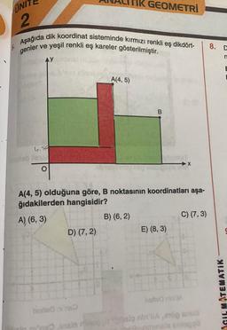 UNIT
2
6.
Aşağıda dik koordinat sisteminde kırmızı renkli eş dikdört-
r ve yeşil renkli eş kareler gösterilmiştir.
genler
AY
4.56
aleb ilets
A(4, 5)
D) (7, 2)
TIK GEOMETRI
B) (6, 2)
B
A(4, 5) olduğuna göre, B noktasının koordinatları aşa-
ğıdakilerden hangisidir?
A), (6, 3)
X
E) (8,3)
C) (7,3)
signin'Aerop Anu
8. D
n
AGIL MATEMATIK