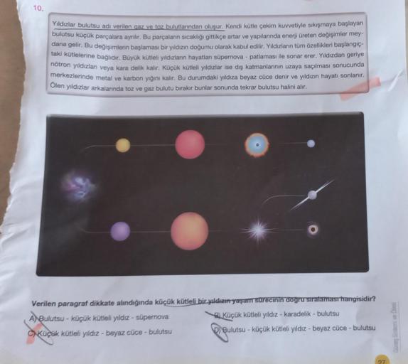 10.
Yıldızlar bulutsu adı verilen gaz ve toz bulutlarından oluşur. Kendi kütle çekim kuvvetiyle sıkışmaya başlayan
bulutsu küçük parçalara ayrılır. Bu parçaların sıcaklığı gittikçe artar ve yapılarında enerji üreten değişimler mey-
dana gelir. Bu değişimle