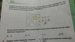 2/
1.
TEST 1
bulmacasına yerleştirilecek tam sayıların mutlak değerleri satırlarda soldan sağa doğru, sütunlar-
Aşağıdaki sayı bulmacası üzerine bulmacanın yanında verilen tam sayılar yerleştirilecektir. Sayı
da ise aşağıdan yukarıya doğru artacaktır.
8
-3
-17
B) -15
18
-9
30
-25
-22
-7 10
Aşağıda verilen ifadelerden hangisinin
itiftir?
13) (-15)
20) 5
Bu tam sayılar bulmaca üzerine yerleştirildiğinde boyalı kısma yerleştirilen tam sayı aşağı-
dakilerden hangisi olur?
A) -18
4
C) 13
-18
D) 20
4. Aşağıda verilen ifadelerden hangisi yan-
lıştır?