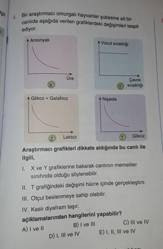 Igili
i
4.
Bir araştırmacı omurgalı hayvanlar şubesine ait bir
canlıda aşağıda verilen grafiklerdeki değişimleri tespit
ediyor.
Amonyak
X
Üre
A Glikoz + Galaktoz
Z
Laktoz
Vücut sıcaklığı
Nişasta
Çevre
Y sıcaklığı
D) I, III ve IV
T
Araştırmacı grafikleri di