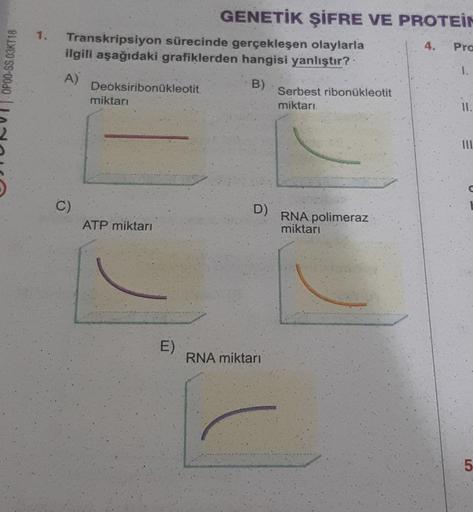 OP00-SS.03KT18
1.
Transkripsiyon sürecinde gerçekleşen olaylarla
ilgili aşağıdaki grafiklerden hangisi yanlıştır?
A)
B)
C)
Deoksiribonukleotit
miktarı
ATP miktarı
GENETİK ŞİFRE VE PROTEIN
4.
E)
D)
RNA miktarı
Serbest ribonukleotit
miktarı
RNA polimeraz
mik