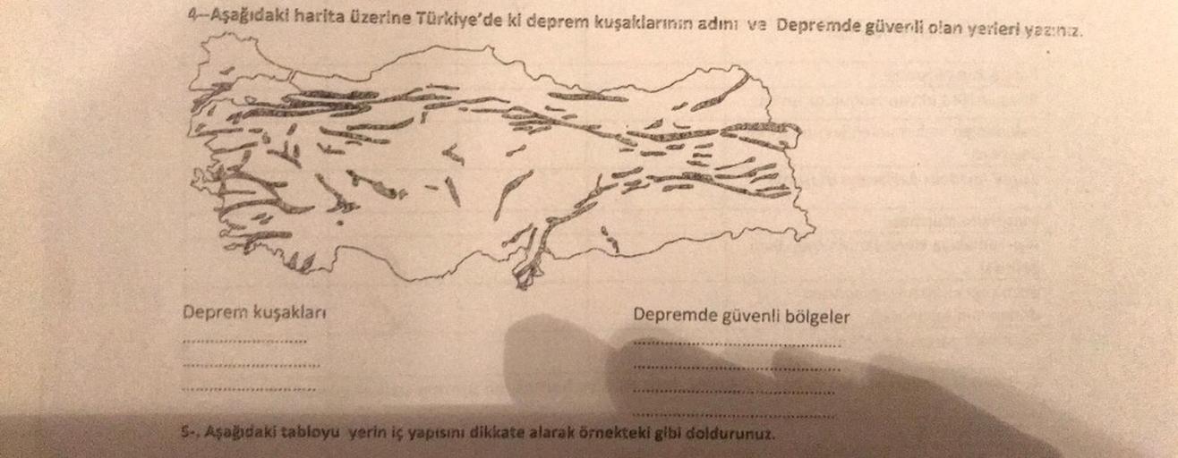 4-Aşağıdaki harita üzerine Türkiye'de ki deprem kuşaklarının adını ve Depremde güvenli olan yerleri yazınız.
Deprem kuşakları
************
******
than
Depremde güvenli bölgeler
5. Aşağıdaki tabloyu yerin iç yapısını dikkate alarak örnekteki gibi doldurunuz