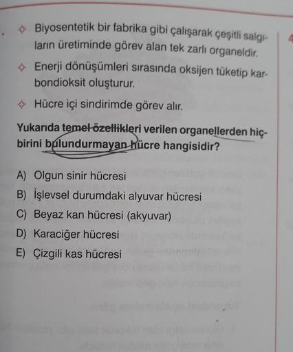 Biyosentetik bir fabrika gibi çalışarak çeşitli salgı-
ların üretiminde görev alan tek zarlı organeldir.
→ Enerji dönüşümleri sırasında oksijen tüketip kar-
bondioksit oluşturur.
Hücre içi sindirimde görev alır.
Yukarıda temel özellikleri verilen organelle
