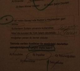 8.
A) Emeviler
D) Beni Ahmer Devleti
E) İslam Şehir Devleti
187 Hittin Savaşı'nda Kudüs'ü Haçlılardan geri
aldılar.
Sultanların Sultani unvanını kullandılar.
Mısır'da kurulan ilk Türk İslam devletidir.
Moğolları yenen ilk devlet oldular.
D) Memlükler
Janits
Town
Tabloda verilen özellikler ile aşağıdaki devletler
eşleştirildiğinde hangisi dışta kalır?
A) Eyyubiler
B) İhşidiler
G) Tolunoğulları
E Selçuklular