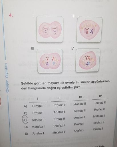 Oksijen Yayınları
4.
A)
B)
|||
D)
E)
I
Profaz I
Şekilde görülen mayoza ait evrelerin isimleri aşağıdakiler-
den hangisinde doğru eşleştirilmiştir?
Profaz I
Telofaz II
XX
* K
Metafaz I
Anafaz I
indic
||
Profaz II
Anafaz I
Profaz II
Telofaz II
IV
Metafaz II
