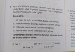 6. Aynı komünitede yaşayan canlıların uzun yıllar içersinde
gösterdikleri ufak fizyolojik farklılıklar, yeni tür çeşitliliğinin
oluşmasında önemli roller oynar.
Buna göre,
1. bir canlı türünün komünitede, baskın hale gelmesi,
II. mikrohabitatlar arasında farklılıkların giderek artması,
III. çiftleşme dönemlerinin birbirine yaklaşması,
IV. habitatlarda dikine tabakalaşmanın artması
verilenlerden hangilerinin bu durumun oluşması üzerin-
de olumlu etkileri vardır?
A) I ve II
D) III ve IV
B) II ve III
C) II ve IV
E) II, III ve IV
8. Belirted
sel dec
bilgi sa
buluna
le ekos
yapma
Buna
koşul
A) Por
B) Ha
C) Co
D) To
E) Ot