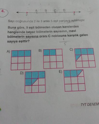 4.
Sayı doğrusunda 2 ile 3 arası 5 eşit parçaya ayrılmıştır.
Buna göre, 9 eşit bölmeden oluşan karelerden
hangisinde beyaz bölmelerin sayısının, mavi
bölmelerin sayısına oranı C noktasına karşılık gelen
sayıya eşittir?
A)
2
D)
B)
E)
Ō
TYT DENEM