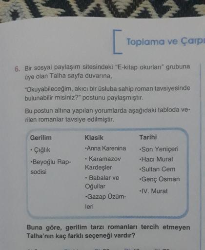[
6. Bir sosyal paylaşım sitesindeki "E-kitap okurları" grubuna
üye olan Talha sayfa duvarına,
"Okuyabileceğim, akıcı bir üsluba sahip roman tavsiyesinde
bulunabilir misiniz?" postunu paylaşmıştır.
Bu postun altına yapılan yorumlarda aşağıdaki tabloda ve-
