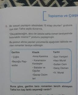 [
6. Bir sosyal paylaşım sitesindeki "E-kitap okurları" grubuna
üye olan Talha sayfa duvarına,
"Okuyabileceğim, akıcı bir üsluba sahip roman tavsiyesinde
bulunabilir misiniz?" postunu paylaşmıştır.
Bu postun altına yapılan yorumlarda aşağıdaki tabloda ve-
rilen romanlar tavsiye edilmiştir.
Gerilim
• Çığlık
•Beyoğlu Rap-
sodisi
Klasik
•Anna Karenina
●
Karamazov
Kardeşler
Toplama ve Çarpı
Babalar ve
Oğullar
•Gazap Üzüm-
leri
Tarihi
Son Yeniçeri
•Hacı Murat
•Sultan Cem
•Genç Osman
IV. Murat
Buna göre, gerilim tarzı romanları tercih etmeyen
Talha'nın kaç farklı seçeneği vardır?
