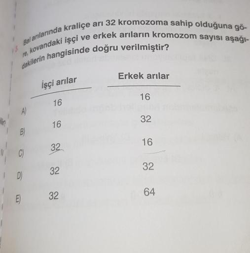 arı 32 kromozoma sahip olduğuna gö-
Bal arılarında kraliçe a
kovandaki işçi ve erkek arıların kromozom sayısı aşağı-
dakilerin hangisinde doğru verilmiştir?
1.3.
re,
E
A)
B)
N C)
D)
İşçi arılar
16
16
32
32
32
Erkek arılar
16
32
16
32
64