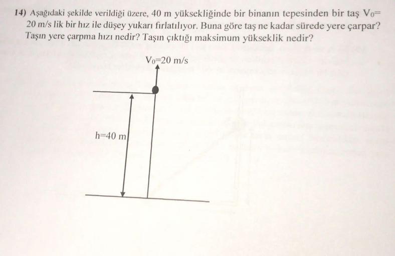 14) Aşağıdaki şekilde verildiği üzere, 40 m yüksekliğinde bir binanın tepesinden bir taş Vo=
20 m/s lik bir hız ile düşey yukarı fırlatılıyor. Buna göre taş ne kadar sürede yere çarpar?
Taşın yere çarpma hızı nedir? Taşın çıktığı maksimum yükseklik nedir?