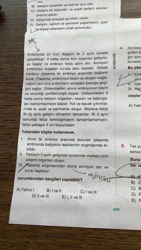 olur.
B) Gelişim süreklidir ve belli bir sıra izler.
C) Gelişim bir bütündür ve çeşitli gelişim alanları
birbirini etkiler.
D) Gelişimde bireysel ayrılıklar vardır.
E) Gelişim, kalıtım ve çevresel yaşantıların, içsel
ve dişsal etkenlerin ortak sonucudur.
E