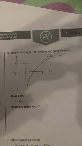 Matematik Dersi
nl. Yazılı Soruları
e,
Buna göre,
a + f(a)
ifadesinin değeri kaçtır?
sinl
15. Aşağıda y = log₂ (x-1) fonksiyonunun grafiği verilmiştir.
y = log₂ (x-1)
16. Dik koordinat düzleminde
3
YouTube
f(x) - log (x 1) ye y=f(x)