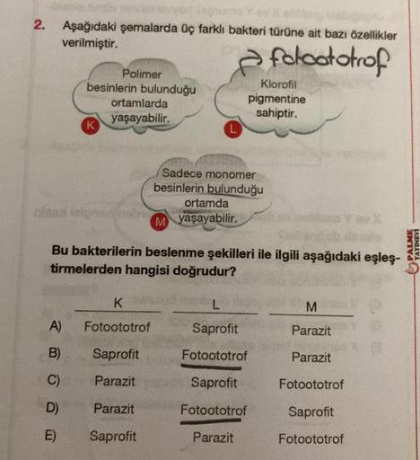 2.
Aşağıdaki şemalarda üç farklı bakteri türüne ait bazı özellikler
verilmiştir.
a foloototrof
Polimer
besinlerin bulunduğu
K
ortamlarda
yaşayabilir.
K
Fotoototrof
L
A)
B) Saprofit
C)
Parazit
D)
Parazit
E)
Saprofit
Klorofil
pigmentine
sahiptir.
Sadece mono