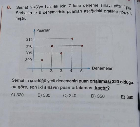 6.
Serhat YKS'ye hazırlık için 7 tane deneme sınavı çözmüştür.
Serhat'ın ilk 5 denemedeki puanları aşağıdaki grafikte gösteril-
miştir.
315
310
305
300
A Puanlar
1. 2. 3. 4. 5.
Denemeler
Serhat'ın çözdüğü yedi denemenin puan ortalaması 320 olduğu-
na göre,