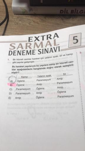 B)
C)
EXTRA
SARMAL
DENEME SINAVI
1.
Bir hücreli canlılar hareket için yalancı ayak, sil ve kamçı
op gibi yapılar gelişmiştir.
Bu hareket yapılarıyla bu yapılara sahip bir hücreli can-
lilar aşağıdakilerin hangisinde doğru olarak eşleştiril-
miştir?
D)
E)
K