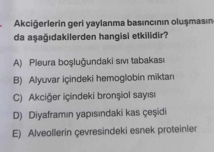 Akciğerlerin geri yaylanma basıncının oluşmasın-
da aşağıdakilerden hangisi etkilidir?
A) Pleura boşluğundaki sıvı tabakası
B) Alyuvar içindeki hemoglobin miktarı
C) Akciğer içindeki bronşiol sayısı
D) Diyaframın yapısındaki kas çeşidi
E) Alveollerin çevre