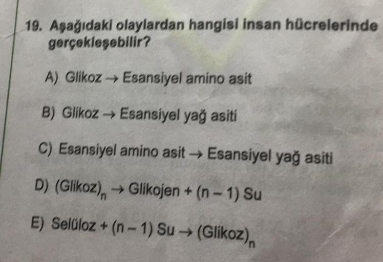 19. Aşağıdaki olaylardan hangisi insan hücrelerinde
gerçekleşebilir?
A) Glikoz → Esansiyel amino asit
B) Glikoz→ Esansiyel yağ asiti
C) Esansiyel amino asit → Esansiyel yağ asiti
D) (Glikoz), →Glikojen + (n-1) Su
E) Selüloz + (n-1) Su → (Glikoz)