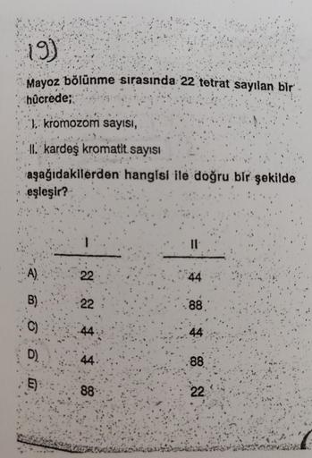 (9)
Mayoz bölünme sırasında 22 tetrat sayılan bir
hûcrede;
1. kromozom sayısı,
II. kardeş kromatit sayısı
aşağıdakilerden hangisi ile doğru bir şekilde
eşleşir?
(A)
250 60
C)
D)
E
22
22
44
44
88
44
88.
44
.88
22
VE