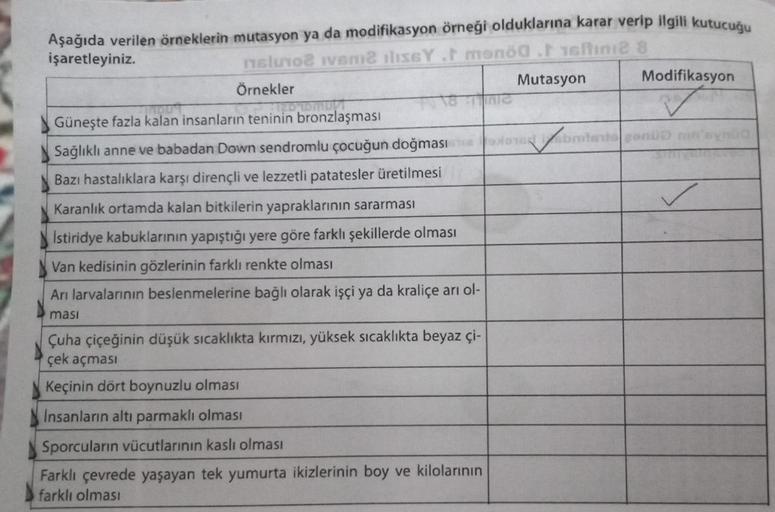 Aşağıda verilen örneklerin mutasyon ya da modifikasyon örneği olduklarına karar verip ilgili kutucuğu
işaretleyiniz.
nslumo? Ivanie liseyit monöa .† 16ltın12 8
Mutasyon
Örnekler
Input
TEDABRUPT
Güneşte fazla kalan insanların teninin bronzlaşması
Sağlıklı a