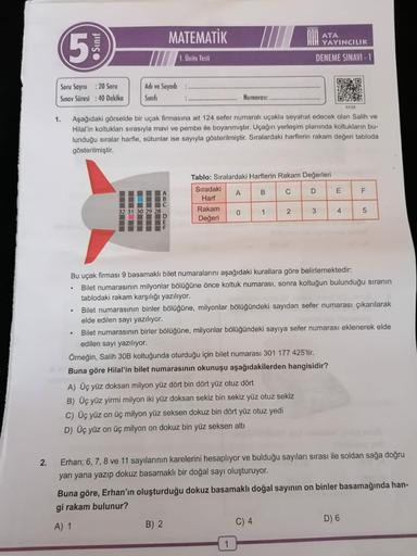 2.
Soru Sayısı: 20 Soru
Sınav Süresi : 40 Dakika
1.
●Sınıf
.
·
Adı ve Soyadı:
Sınıfı
32 31 30 29 28
MATEMATİK
1. Ünite Testi
ABC DEF
4436
Aşağıdaki görselde bir uçak firmasına ait 124 sefer numaralı uçakla seyahat edecek olan Salih ve
Hilal'in koltukları s