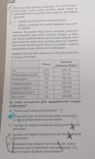 EME
Tarıma elverişli toprakları geliş güzel ve verimsiz kullan-
mak yerine, toprak analizi yapılarak yüksek verimli ve
sürdürülebilir tarım yapılması daha uygundur. Bu analizler
sayesinde,
∞ toprağın mevcut fiziksel ve kimyasal yapısı,
∞bitkilerin yetişmes