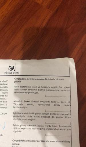 3
TÜRKÇE DERSİ
a güzel."
parlayan
örmekle
enkazını
yüzyıl
erde ne
olsun..."
in dahi
çok ki
niyorlar
COKUM
DIZ?
CAşağıdaki metinlerin anlatım biçimlerini altlarına
yazınız.
Tarla baştanbaşa insan ve tinazlarla örtülü. Sık, yüksek
boylu çavdar tarlasının biç