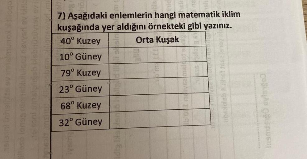 vyar ev blic
naleant inhelpite ev imalmunox logo
em Course
15 soni
1916 it
7) Aşağıdaki enlemlerin hangi matematik iklim
kuşağında yer aldığını örnekteki gibi yazınız.
40° Kuzey
Orta Kuşak
10° Güney
79° Kuzey
23° Güney
68° Kuzey
32° Güney
20SAL
UG [OÀU 0.9