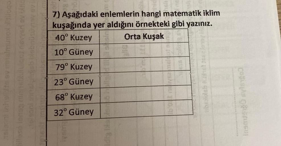 vyar ev blic
naleant inhelpite ev imalmunox logo
em Course
15 soni
1916 it
7) Aşağıdaki enlemlerin hangi matematik iklim
kuşağında yer aldığını örnekteki gibi yazınız.
40° Kuzey
Orta Kuşak
10° Güney
79° Kuzey
23° Güney
68° Kuzey
32° Güney
20SAL
UG [OÀU 0.9