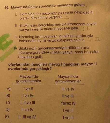 16. Mayoz bölünme sürecinde meydana gelen,
A)
B)
C)
1. Homolog kromozomlar yan yana gelip geçici
olarak birbirlerine bağlanır.
D)
E)
II. Sitokinezin gerçekleşmesiyle kromozom sayısı
yarıya inmiş iki hücre meydana gelir.
III. Homolog kromozomlar, iğ iplikle