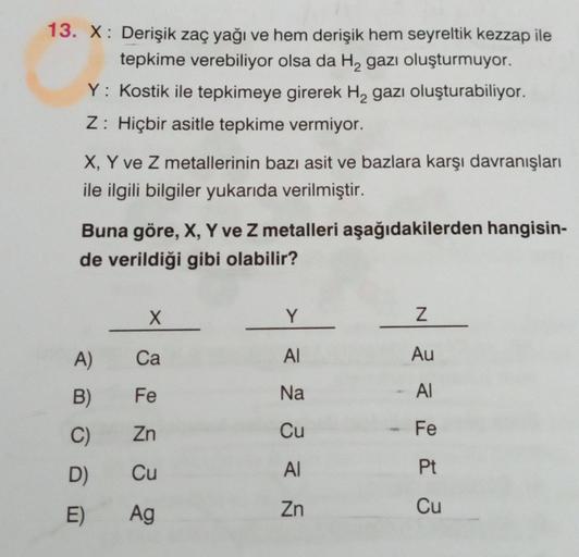 13. X: Derişik zaç yağı ve hem derişik hem seyreltik kezzap ile
tepkime verebiliyor olsa da H₂ gazı oluşturmuyor.
Y: Kostik ile tepkimeye girerek H₂ gazı oluşturabiliyor.
Z: Hiçbir asitle tepkime vermiyor.
X, Y ve Z metallerinin bazı asit ve bazlara karşı
